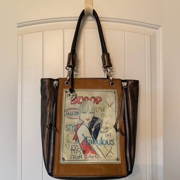 Brighton Handbags - Brighton leather/canvas Scoop shoulder bag. EUC. Normal wear on hanging heart.